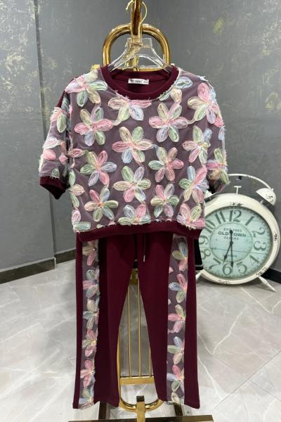 Bayan Çiçek Baskılı İkili Takım  Bordo