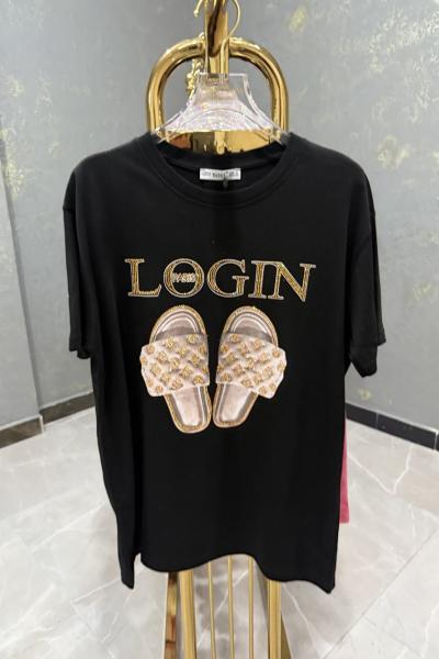 Bayan Login Paris Yazılı Tişört Siyah