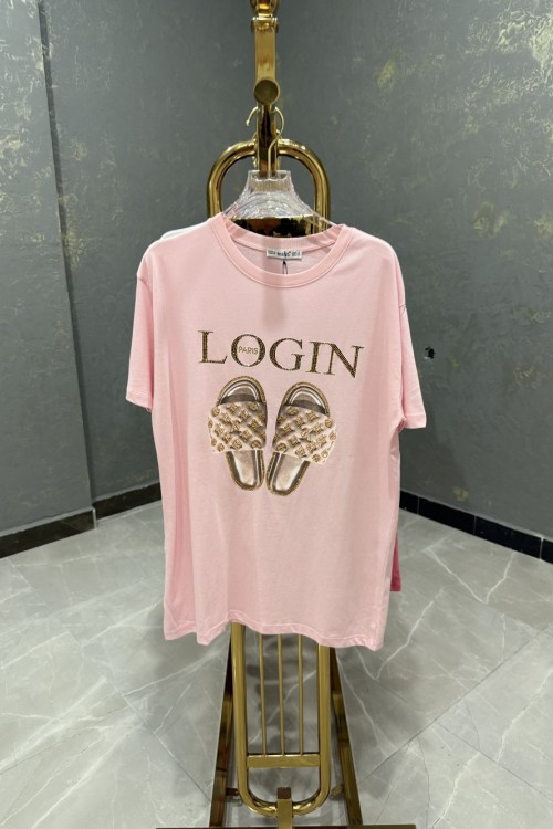 Bayan Login Paris Yazılı Tişört Açık Pembe