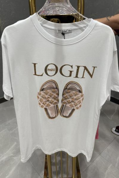 Bayan Login Paris Yazılı Tişört Beyaz
