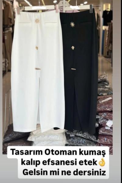 Bayan Ottoman Kumaş Önden Düğmelı Etek Siyah