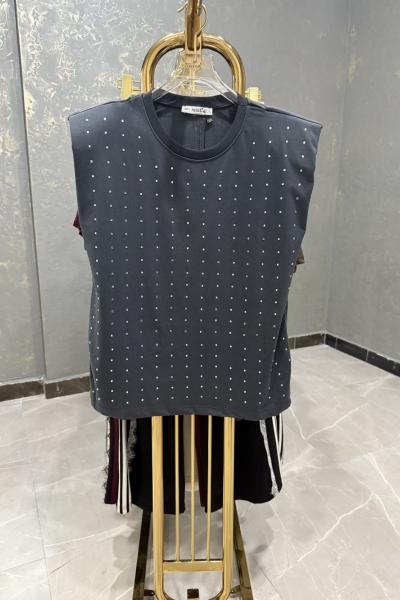 BAYAN VATKALI ÖN FULL TAŞLI TİŞÖRT  Antrasit