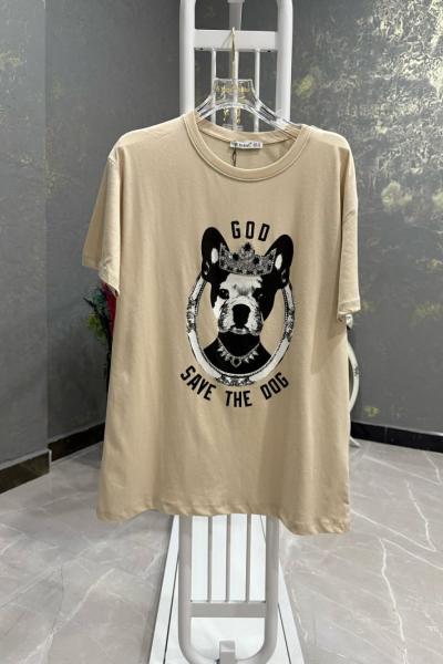 BAYAN KÖPEK BASKILI TİŞÖRT Bej