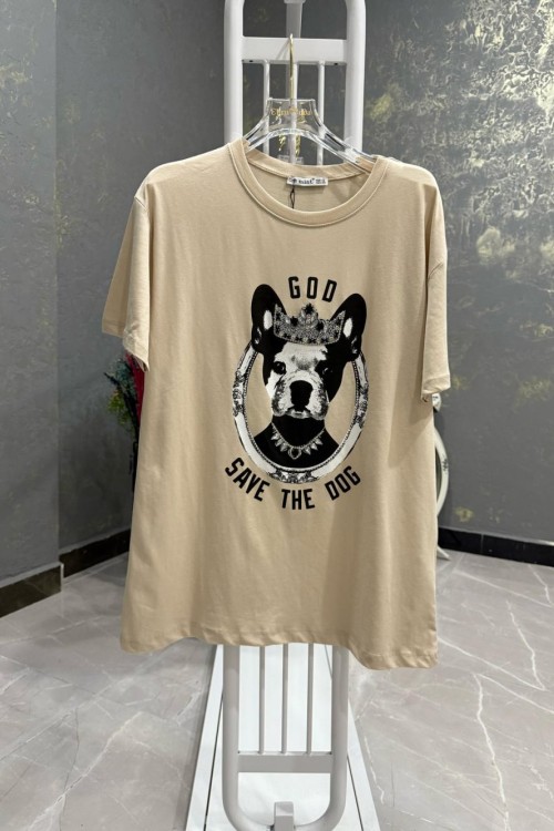 BAYAN KÖPEK BASKILI TİŞÖRT Bej