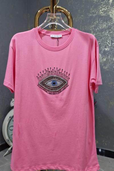 BAYAN GÖZ DETAYLI TİŞÖRT  Pembe