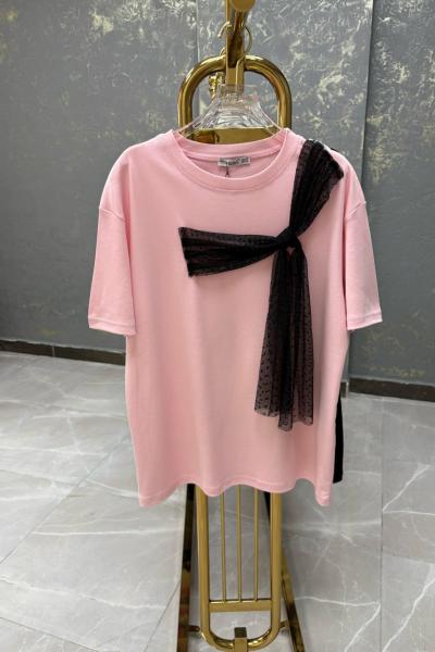 BAYAN TASARIM FİYONKLU TİŞÖRT  Pembe