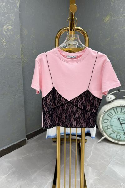 BAYAN KISA İP ASKI DETAYLI TİŞÖRT Pembe