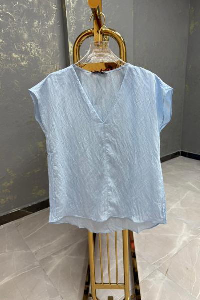 BAYAN V YAKA TENSE KUMAŞ TİŞÖRT  Mavi