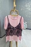 BAYAN DANTEL DETAYLI TİŞÖRT  Pembe