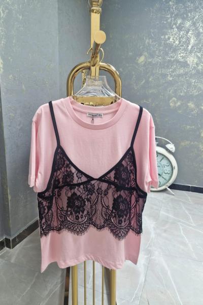 BAYAN DANTEL DETAYLI TİŞÖRT  Pembe