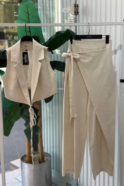 BAYAN YELEKLİ İKİLİ TAKIM Krem