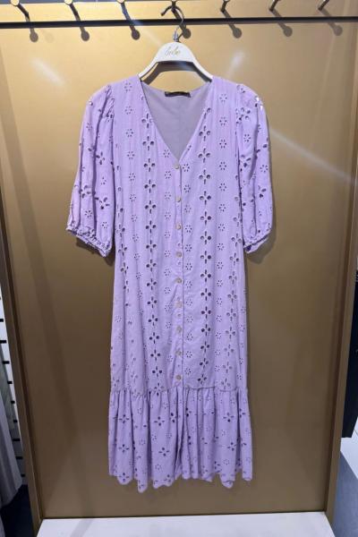 ÖNÜ FUL DÜĞMELİ VİSTON ELBİSE Lila