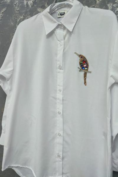 BAYAN KUŞ DETAYLI GÖMLEK  Beyaz