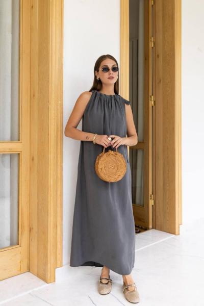 BAYAN TANSEL KUMAS UZUN ELBİSE Antrasit
