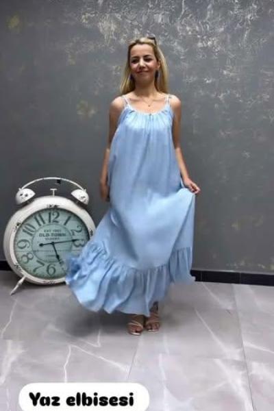 BAYAN İP ASKILI ELBİSE  Mavi