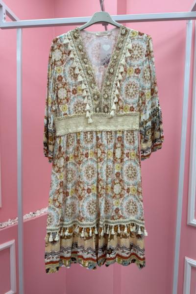 BAYAN OTANTİK V YAKA PÜSKÜL DETAY KISA ELBİSE  Kahverengi