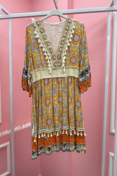 BAYAN OTANTİK V YAKA PÜSKÜL DETAY KISA ELBİSE  Turuncu