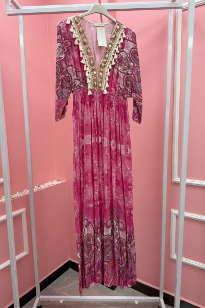 BAYAN OTANTİK V YAKA PÜSKÜL DETAY UZUN ELBİSE Pembe