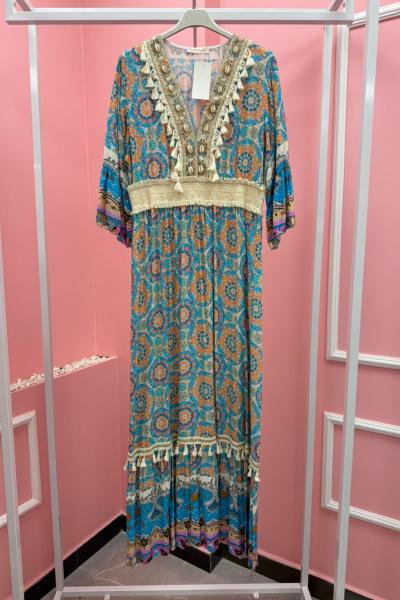 BAYAN OTANTİK V YAKA PÜSKÜL DETAY UZUN ELBİSE Mavi