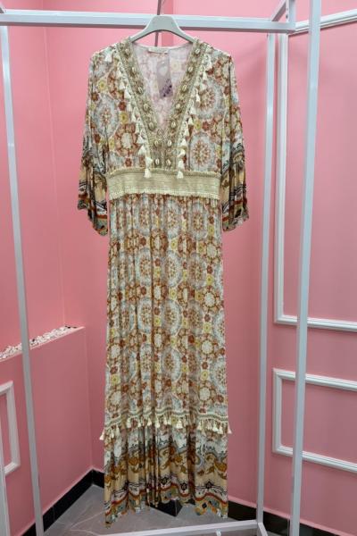 BAYAN OTANTİK V YAKA PÜSKÜL DETAY UZUN ELBİSE Kahverengi