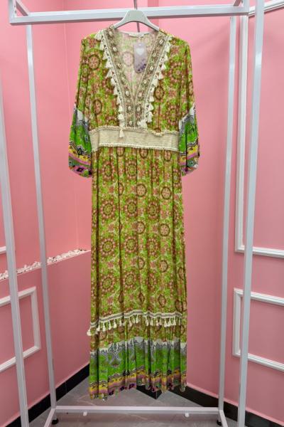 BAYAN OTANTİK V YAKA PÜSKÜL DETAY UZUN ELBİSE Yeşil