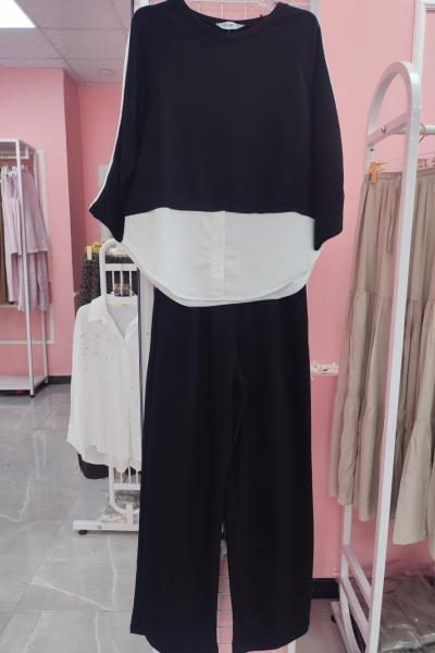 BAYAN GÖMLEK DETAYLI İKİLİ TAKIM Siyah