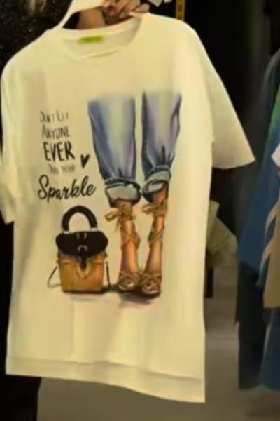 BAYAN SPARKLE YAZILI TASARIM BLUZ Beyaz