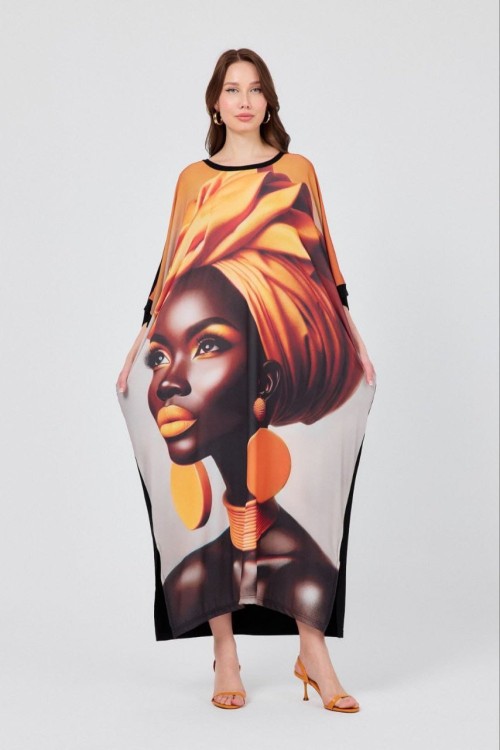BAYAN DİJİTAL BASKI TASARIM ELBİSE  Siyah