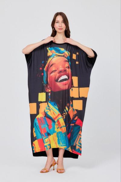 BAYAN DİJİTAL BASKI TASARIM ELBİSE  Siyah