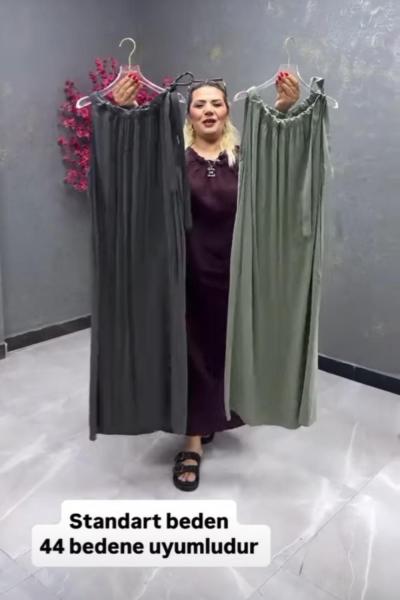 BAYAN TANSEL KUMAS UZUN ELBİSE Haki