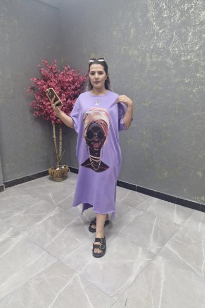 BAYAN DİJİTAL BASKI ELBİSE  Mor