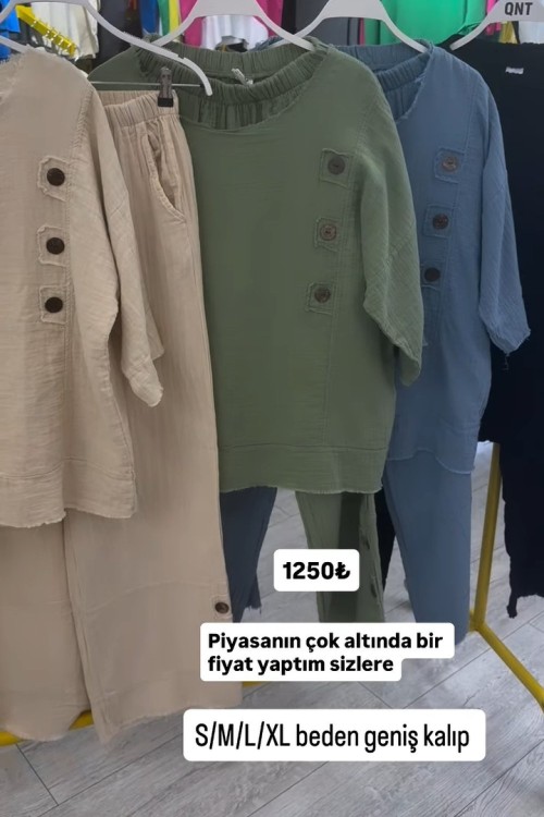 BAYAN MÜSLİN KUMAŞ İKİLİ TAKIM  Bej