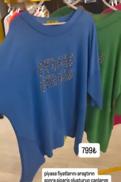 BAYAN BÜYÜK BEDEN MİU YAZILI TASARIM BLUZ Mavi