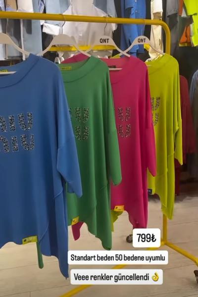 BAYAN BÜYÜK BEDEN MİU YAZILI TASARIM BLUZ Yeşil