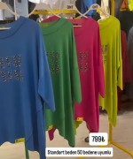 BAYAN BÜYÜK BEDEN MİU YAZILI TASARIM BLUZ Yeşil