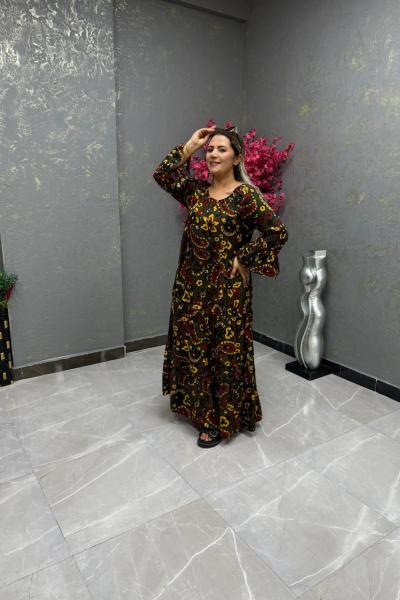 BAYAN ETNİK DESEN ELBİSE  Yeşil