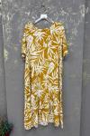 BAYAN YAPRAK DESEN ELBİSE  Sarı
