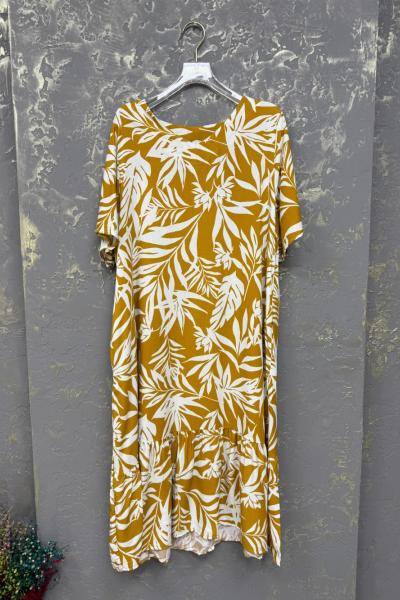 BAYAN YAPRAK DESEN ELBİSE  Sarı