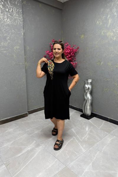 BAYAN OMUZ DETAY TASARIM ELBİSE  Siyah