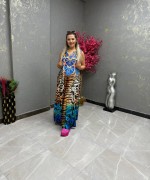 BAYAN LEOPAR DETAY ELBİSE  Mavi