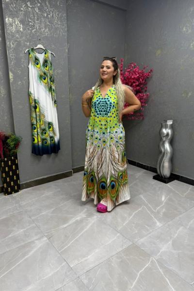 BAYAN TAVUS KUŞ DETAY ELBİSE  Beyaz