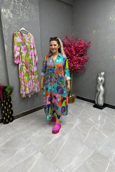 BAYAN DESENLİ GÖMLEK ELBİSE  Mavi