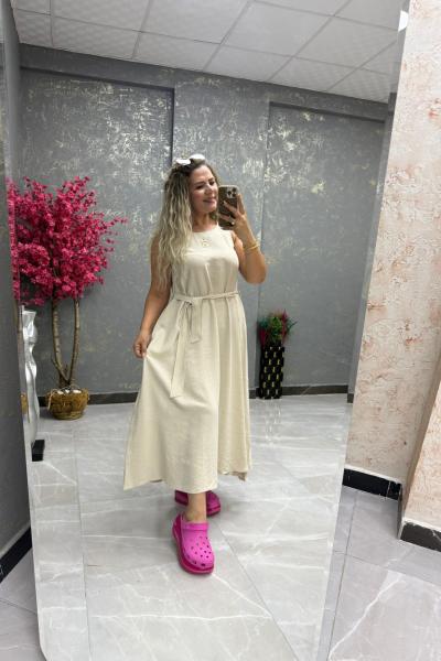BAYAN BEL BAĞLAMA DETAY ELBİSE  Bej