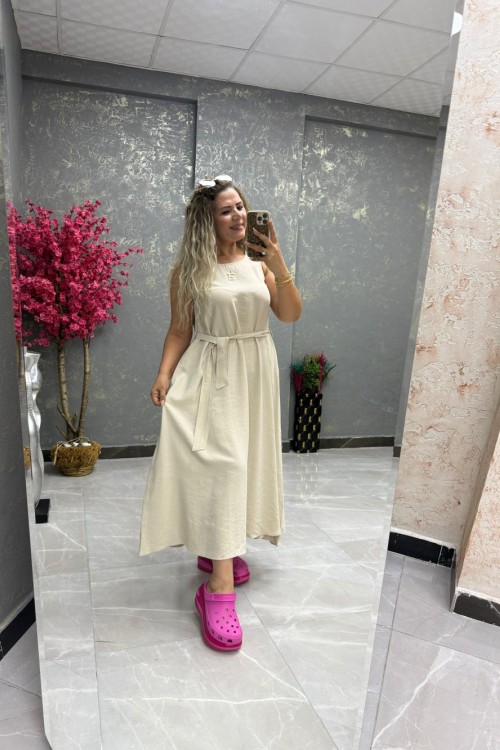 BAYAN BEL BAĞLAMA DETAY ELBİSE  Bej