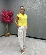 BAYAN BEL PİLELİ HAVUÇ PANTOLON  Beyaz
