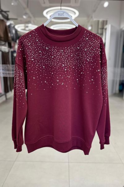 OMUZ KOLLAR FUL TAŞLI ŞARDONSUZ SWEAT 65 CM  Bordo