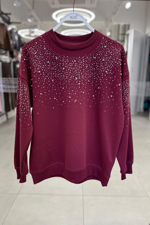 OMUZ KOLLAR FUL TAŞLI ŞARDONSUZ SWEAT 65 CM  Bordo
