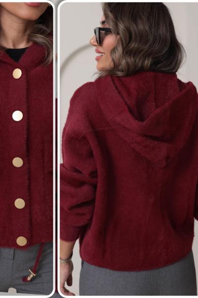 Angora Kapüşonlu Gold Düğmeli sakallı Hırka Bordo
