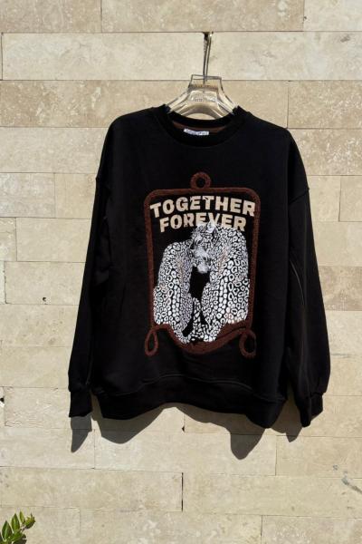 TOGETHER YAZILI LEOPAR DETAY SWEAT Siyah