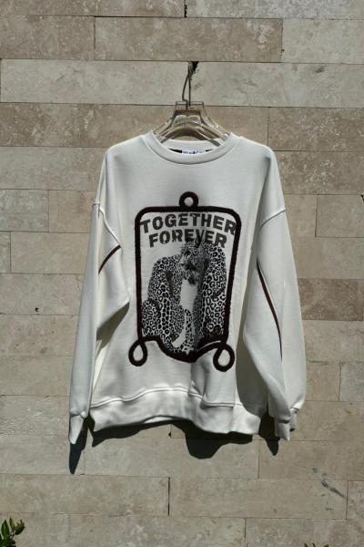 TOGETHER YAZILI LEOPAR DETAY SWEAT Beyaz